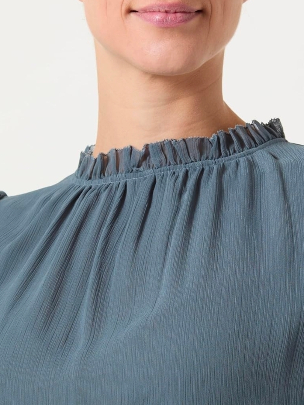 The Drop - Slate Blue Ruffled Shoulder Sheer Long-Sleeve Blouse - Picture 3 of 8